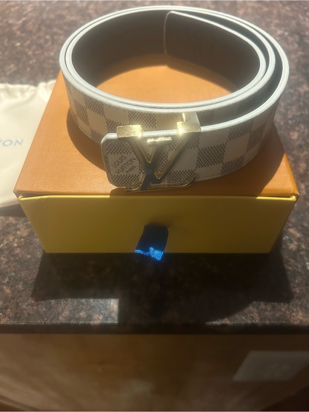 Louis Vuitton White Damier Azur Canvas Men's Belt with Gold LV Buckle